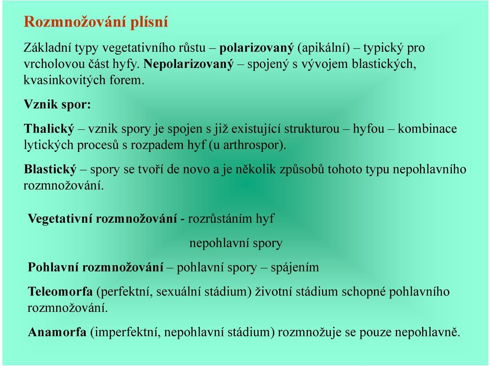 Vznik spor: Thalický vznik spory je spojen s již existující strukturou hyfou kombinace lytických procesů s rozpadem hyf (u arthrospor).