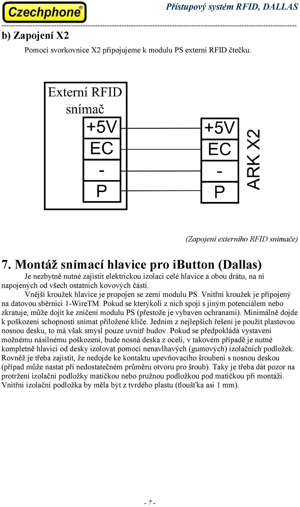 Vnější kroužek hlavice je propojen se zemí modulu PS. Vnitřní kroužek je připojený na datovou sběrnici 1-WireTM.