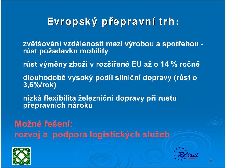 vysoký podíl silniční dopravy (růst o 3,6%/rok) nízká flexibilita železniční