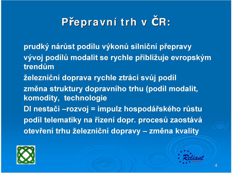 dopravního trhu (podíl modalit, komodity, technologie DI nestačí rozvoj = impulz hospodářského