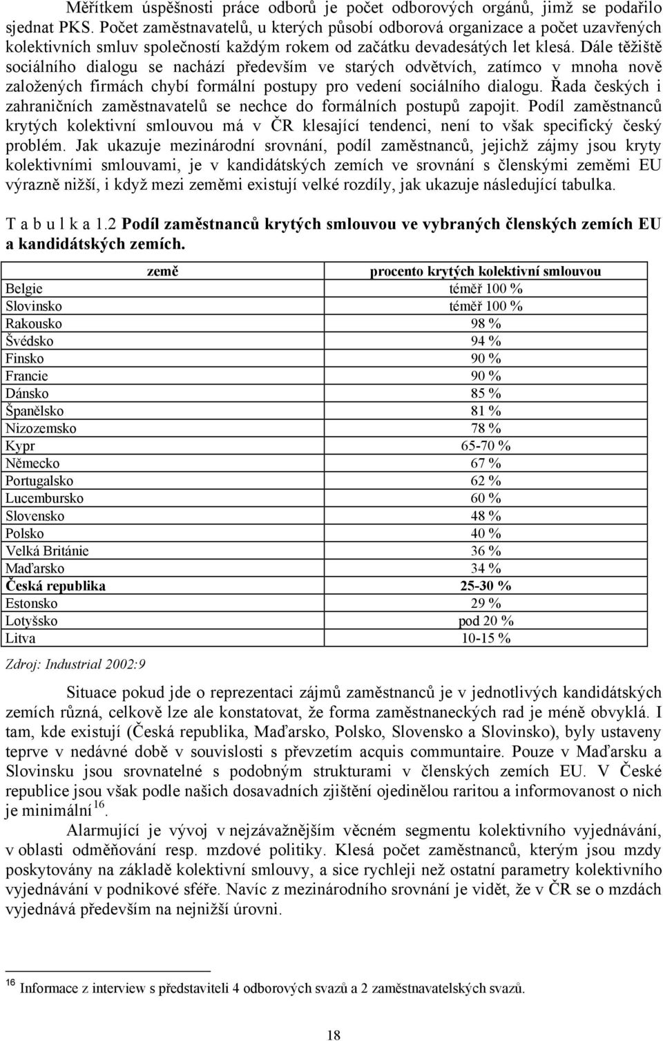 Dále těžiště sociálního dialogu se nachází především ve starých odvětvích, zatímco v mnoha nově založených firmách chybí formální postupy pro vedení sociálního dialogu.