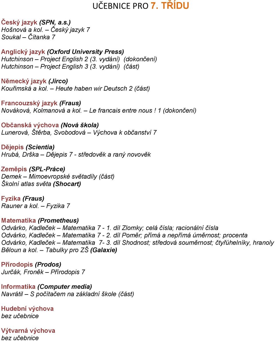 1 (dokončení) Lunerová, Štěrba, Svobodová Výchova k občanství 7 Hrubá, Drška Dějepis 7 - středověk a raný novověk Rauner a kol. Fyzika 7 Odvárko, Kadleček Matematika 7-1.