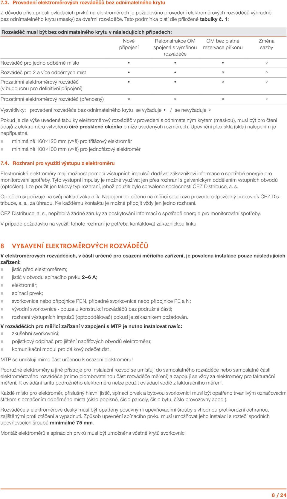 1: Rozváděč musí být bez odnímatelného krytu v následujících případech: Nové připojení Rekonstrukce OM spojená s výměnou e OM bez platné rezervace příkonu Rozváděč pro jedno odběrné místo Rozváděč
