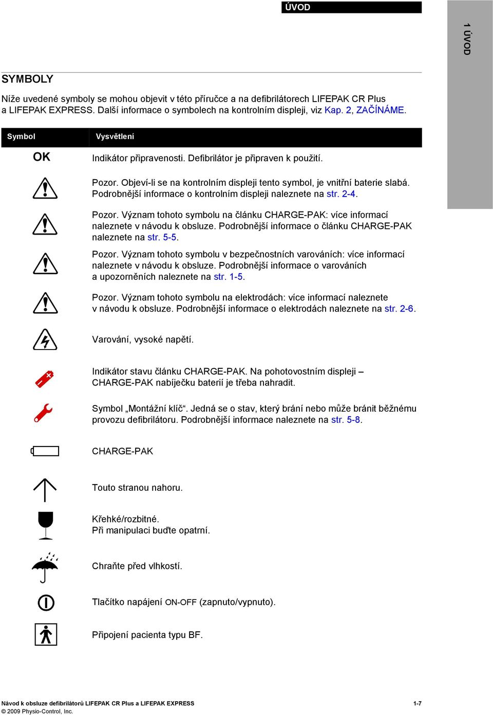 Podrobnější informace o kontrolním displeji naleznete na str. 2-4. Pozor. Význam tohoto symbolu na článku CHARGE-PAK: více informací naleznete v návodu k obsluze.