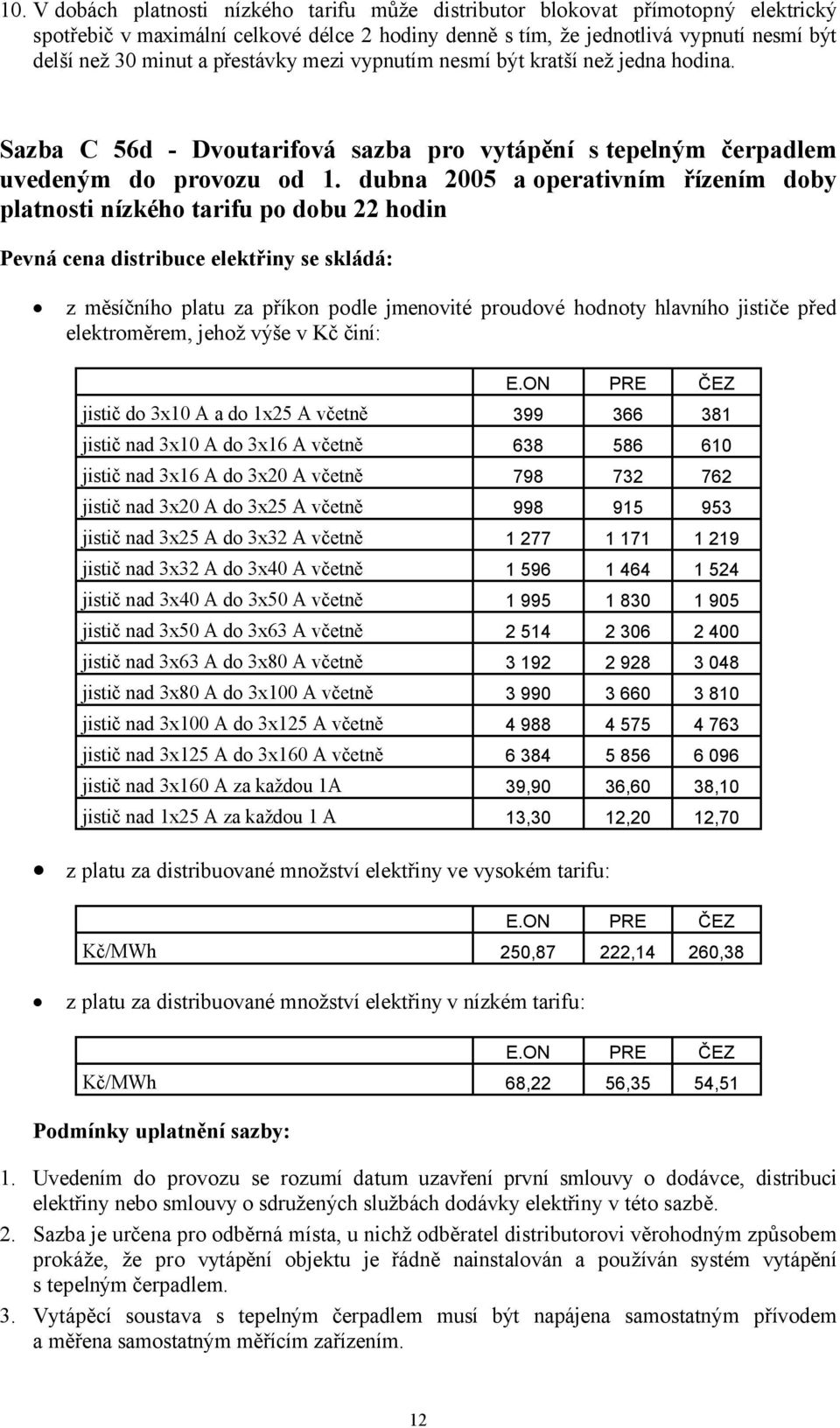 dubna 2005 a operativním řízením doby platnosti nízkého tarifu po dobu 22 hodin jistič do 3x10 A a do 1x25 A včetně 399 366 381 jistič nad 3x10 A do 3x16 A včetně 638 586 610 jistič nad 3x16 A do