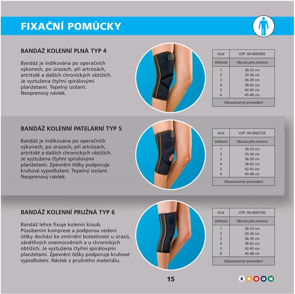 6 Obvod přes koleno 0- cm -6 cm 6-9 cm 9- cm - cm -8 cm Oboustranné provedení Bandáž kolenní PATELÁRNÍ typ Bandáž je indikována po operačních výkonech, po úrazech, při artrózách, artritidě a dalších