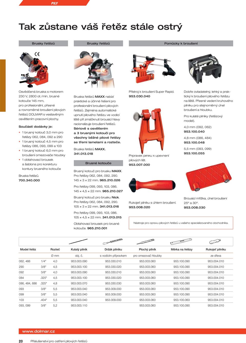 Součástí dodávky je: 1 brusný kotouč 3,0 mm pro řetězy 062, 084, 092 a 290 1 brusný kotouč 4,5 mm pro řetězy 086, 093, 099 a 103 1 brusný kotouč 6,0 mm pro broušení omezovače hloubky 1 obtahovací