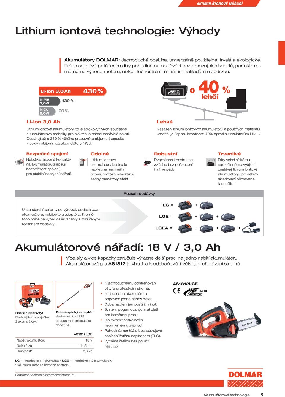 Li-Ion 3,0 Ah NiMH 3,0 Ah 130 % 430% o 40 % lehčí NiCd 2,0 Ah 100 % Li-Ion 3,0 Ah Lithium iontové akumulátory, to je špičkový výkon současné akumulátorové techniky pro elektrické nářadí nezávislé na