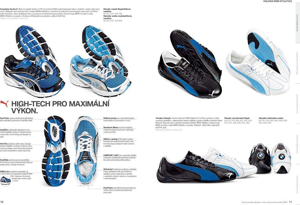 Pryžové logo BMW na patě a nápis BMW Athletics na jazyku. Hmotnost 283g (platí pro pánskou velikost EUR 42). Velikosti: viz tabulka na straně 63. HIGH-TECH PRO MAXIMÁLNÍ VÝKON.
