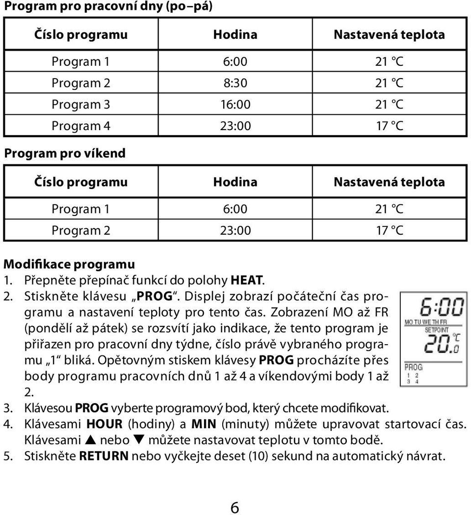 Displej zobrazí počáteční čas programu a nastavení teploty pro tento čas.