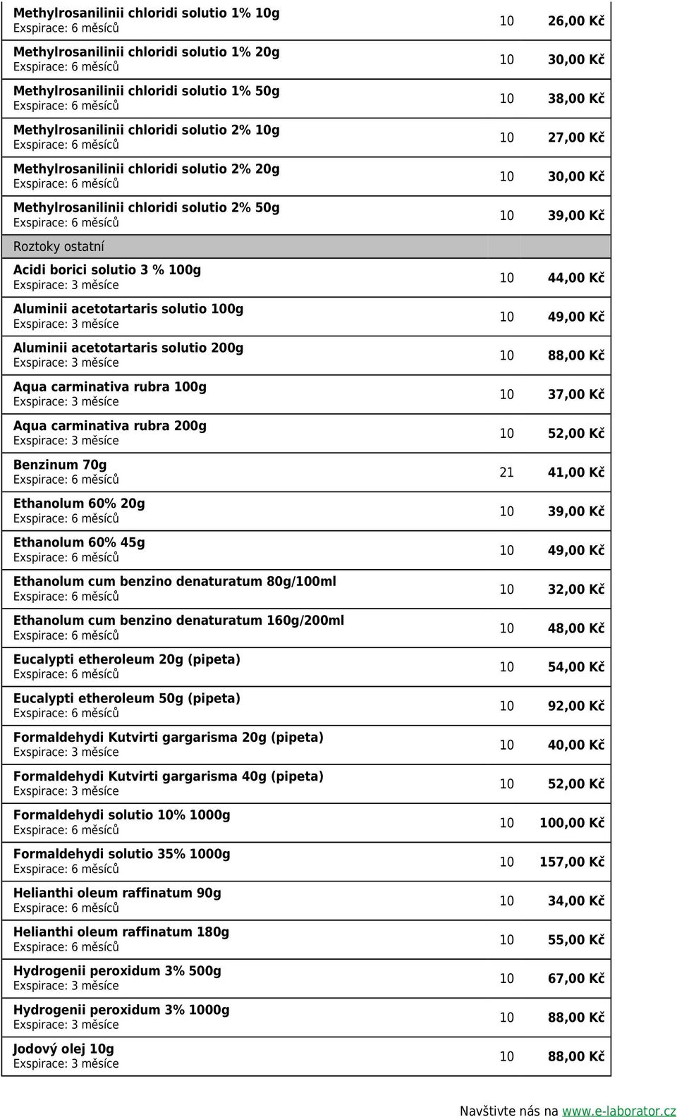 100g Aqua carminativa rubra 200g Benzinum 70g Ethanolum 60% 20g Ethanolum 60% 45g Ethanolum cum benzino denaturatum 80g/100ml Ethanolum cum benzino denaturatum 160g/200ml Eucalypti etheroleum 20g