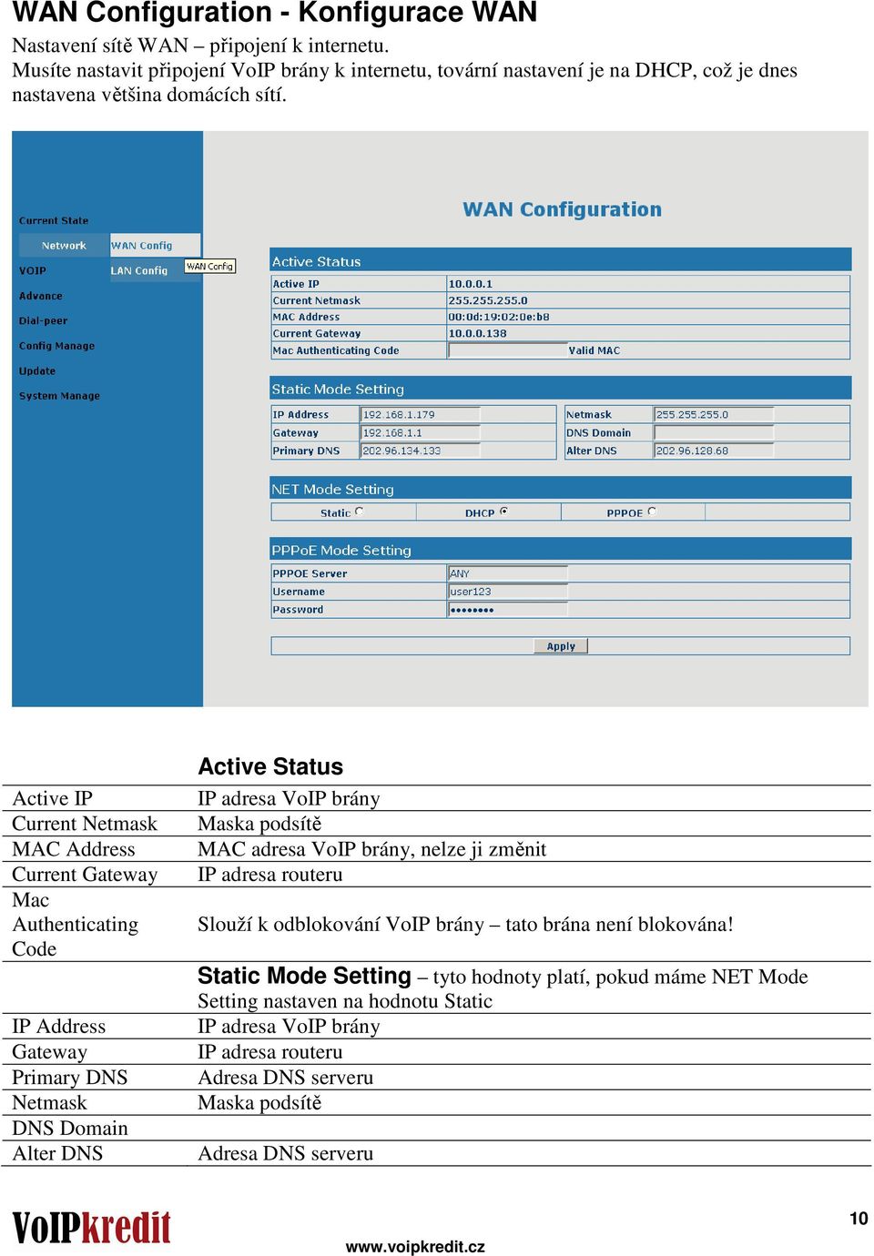 Active IP Current Netmask MAC Address Current Gateway Mac Authenticating Code IP Address Gateway Primary DNS Netmask DNS Domain Alter DNS Active Status IP adresa VoIP brány