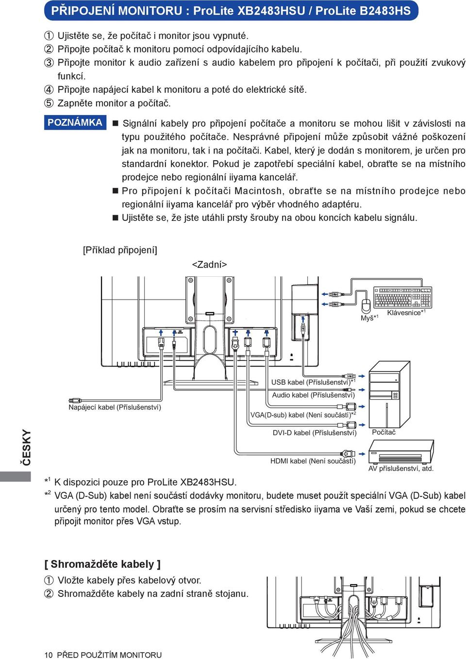 Signální kabely pro připojení počítače a monitoru se mohou lišit v závislosti na typu použitého počítače. Nesprávné připojení může způsobit vážné poškození jak na monitoru, tak i na počítači.