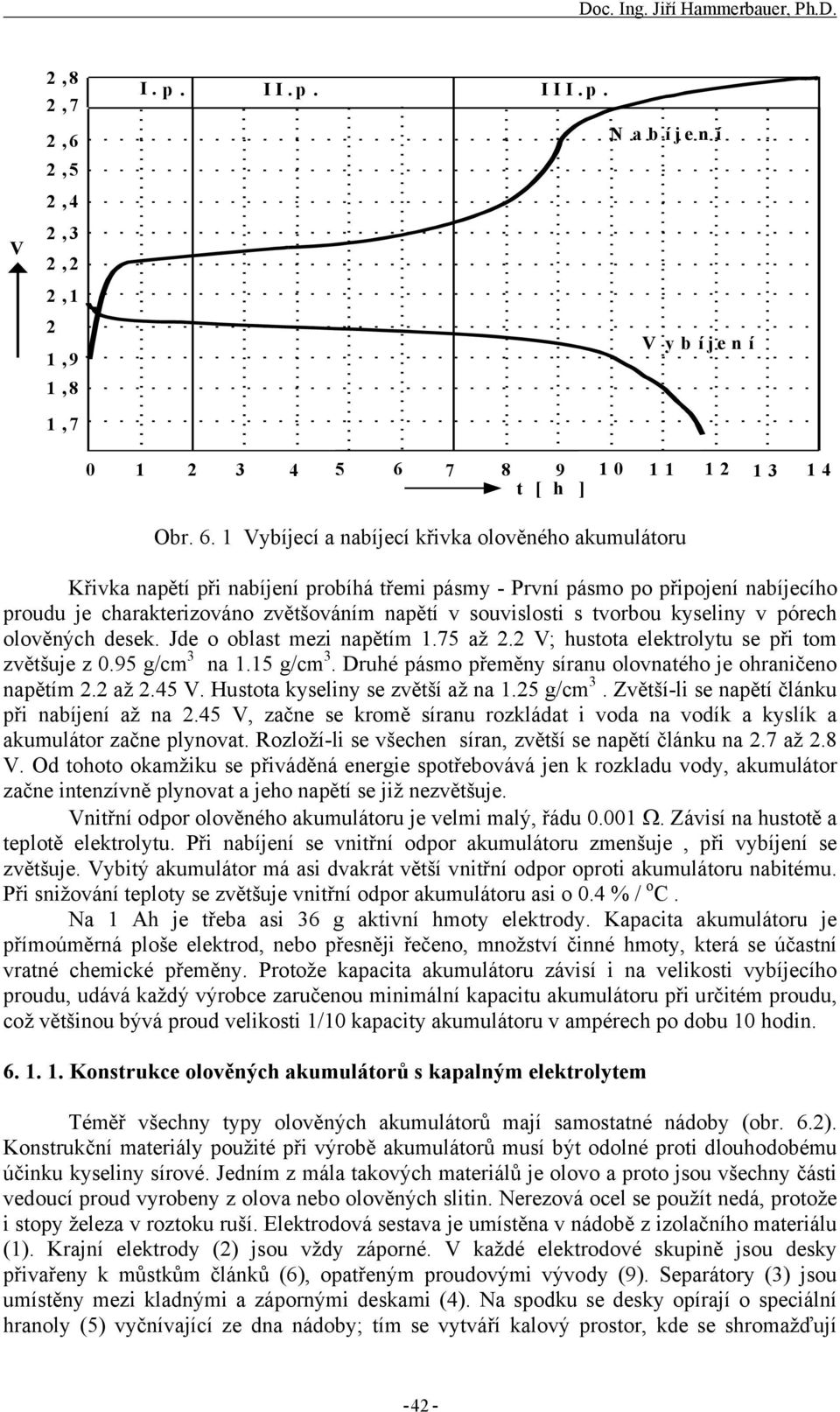 1 Vybíjecí a nabíjecí křivka olověného akumulátoru Vybíjení Křivka napětí při nabíjení probíhá třemi pásmy - První pásmo po připojení nabíjecího proudu je charakterizováno zvětšováním napětí v