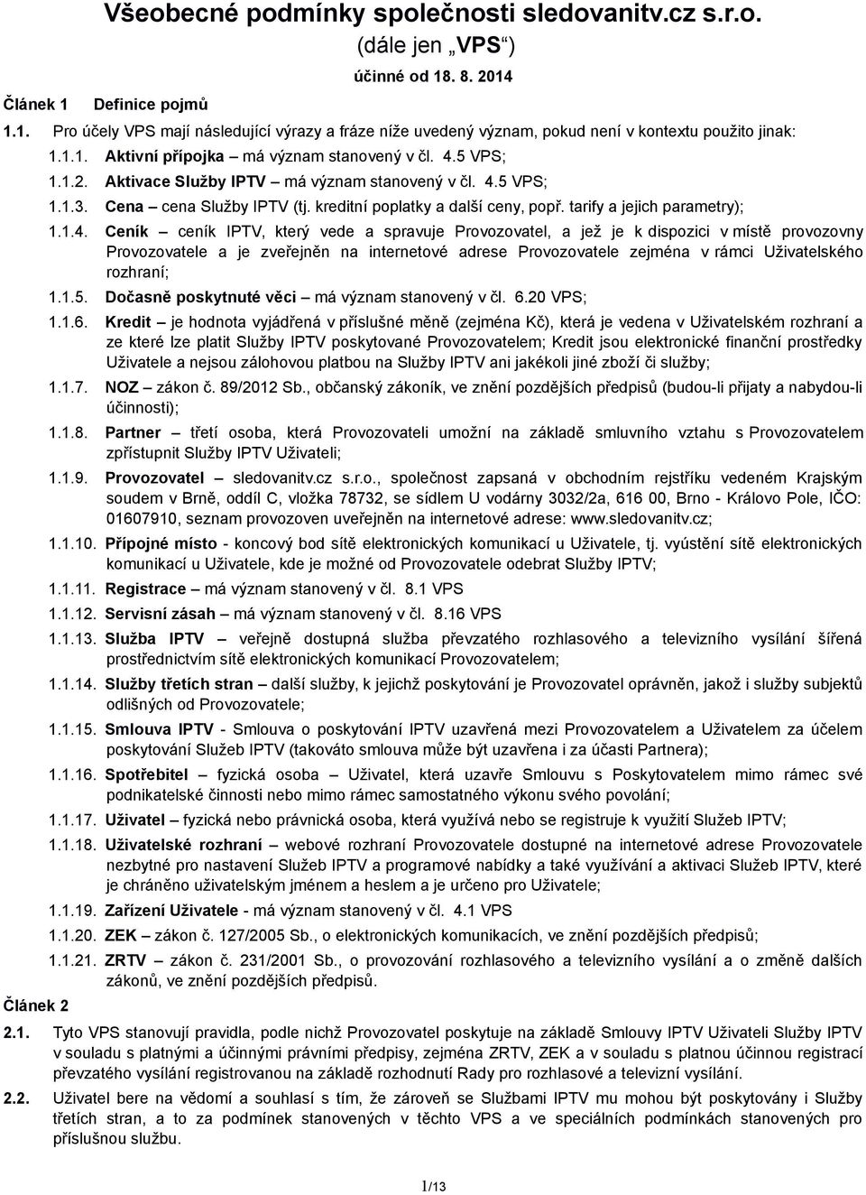 tarify a jejich parametry); 1.1.4.