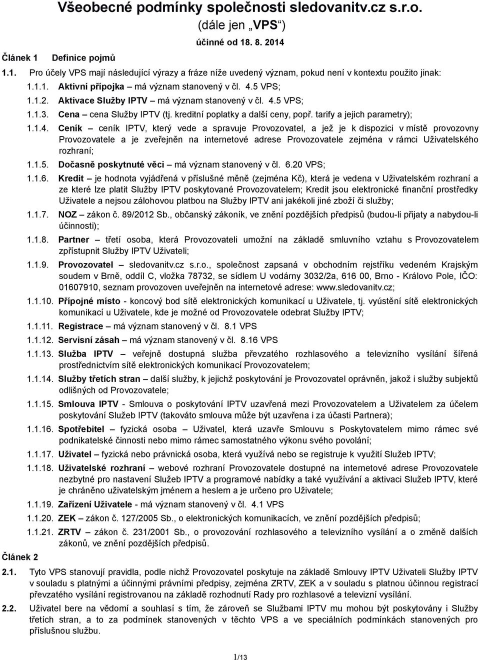 tarify a jejich parametry); 1.1.4.