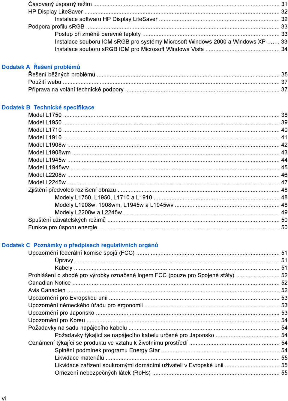 .. 35 Použití webu... 37 Příprava na volání technické podpory... 37 Dodatek B Technické specifikace Model L1750... 38 Model L1950... 39 Model L1710... 40 Model L1910... 41 Model L1908w.