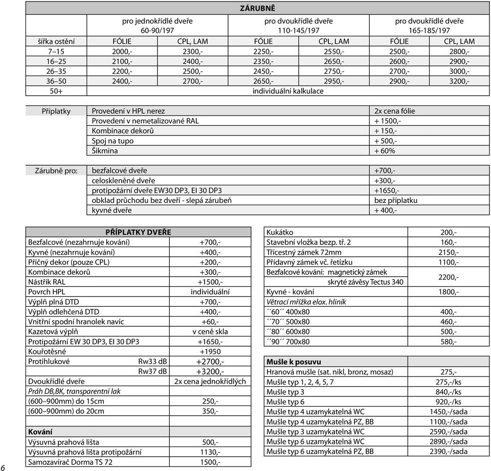 Provedení v HPL nerez 2x cena fólie Provedení v nemetalizované RAL + 1500,- Kombinace dekorů + 150,- Spoj na tupo + 500,- Šikmina + 60% Zárubně pro: bezfalcové dveře +700,- celoskleněné dveře +300,-