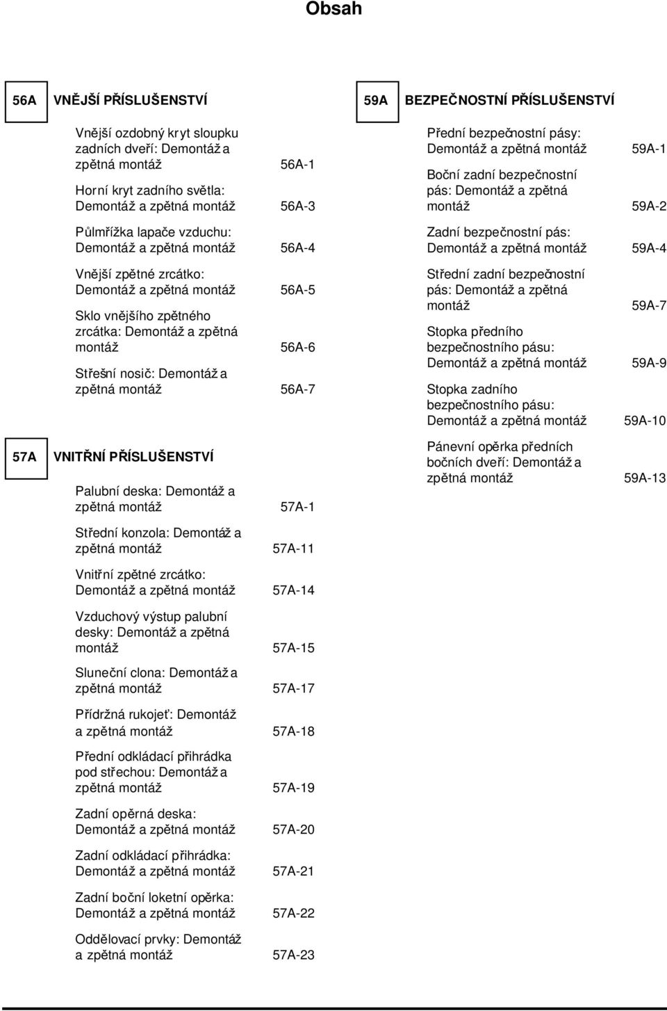 zpětná montáž 56A-7 VNITŘNÍ PŘÍSLUŠENSTVÍ Palubní deska: Demontáž a zpětná montáž 57A-1 Střední konzola: Demontáž a zpětná montáž 57A-11 Vnitřní zpětné zrcátko: Demontáž a zpětná montáž 57A-14