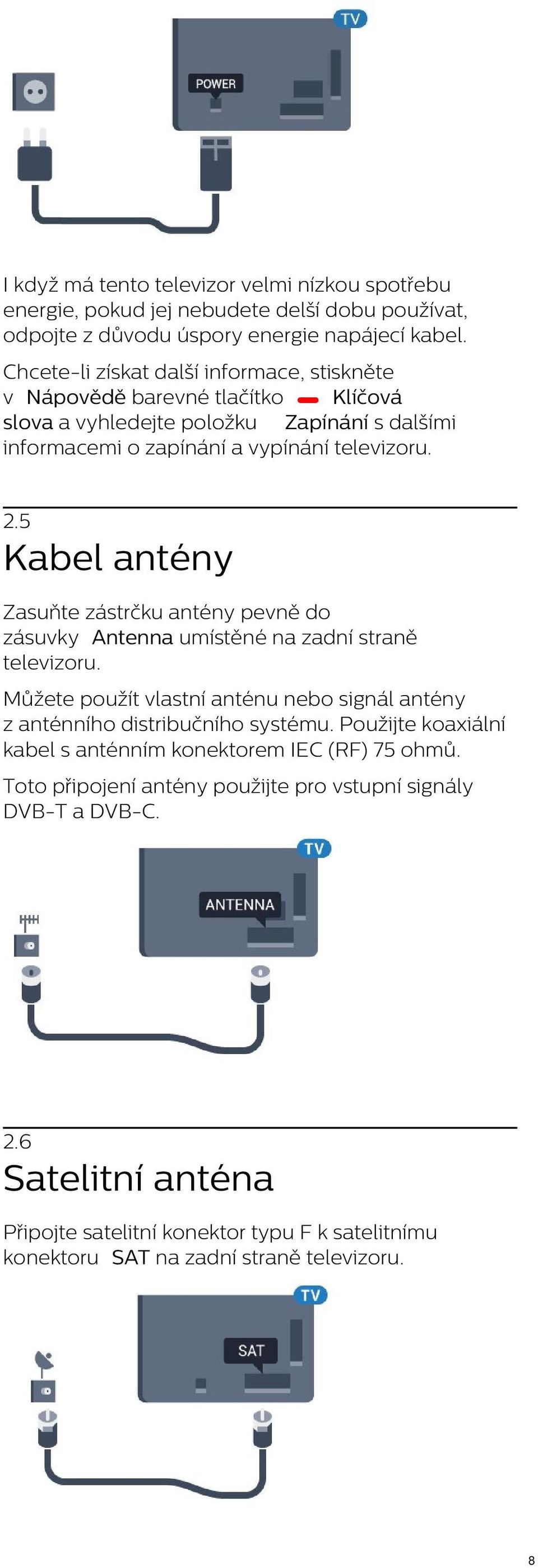 5 Kabel antény Zasuňte zástrčku antény pevně do zásuvky Antenna umístěné na zadní straně televizoru. Můžete použít vlastní anténu nebo signál antény z anténního distribučního systému.