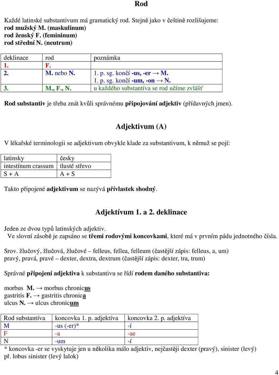 Adjektivum (A) V lékařské terminologii se adjektivum obvykle klade za substantivum, k němuž se pojí: latinsky česky intestínum crassum tlusté střevo S + A A + S Takto připojené adjektivum se nazývá