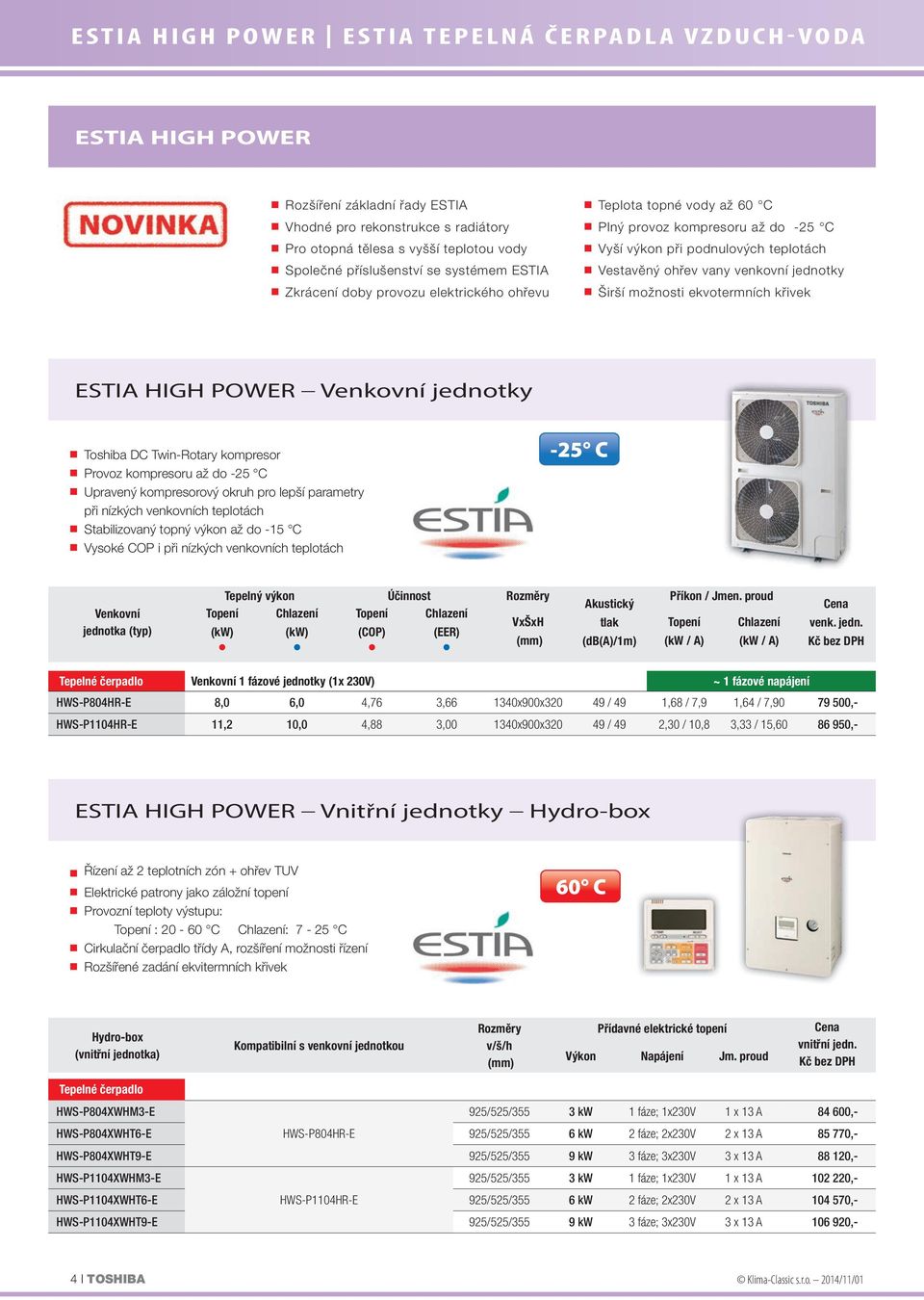 Širší možnosti ekvotermních křivek ESTIA HIGH POWER Venkovní jednotky Toshiba DC Twin-Rotary kompresor Provoz kompresoru až do -25 C Upravený kompresorový okruh pro lepší parametry při nízkých