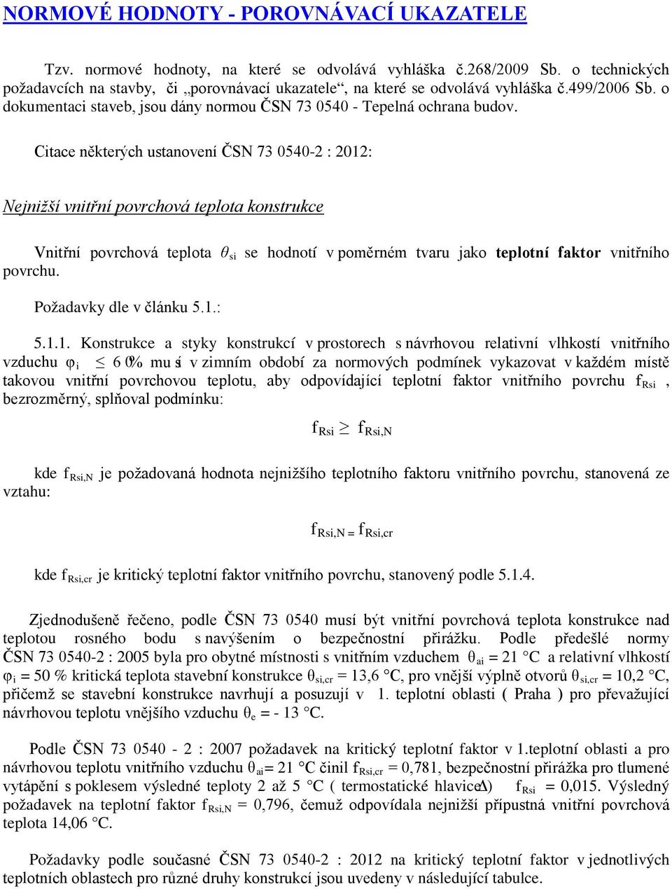 Citace některých ustanovení ČSN 73 0540-2 : 2012: Nejnižší vnitřní povrchová teplota konstrukce Vnitřní povrchová teplota θ si povrchu.