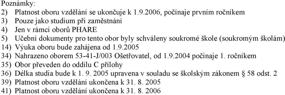 soukromé škole (soukromým školám) 14) Výuka oboru bude zahájena od 1.9.2005 34) Nahrazeno oborem 53-41-J/003 Ošetřovatel, od 1.9.2004 počínaje 1.