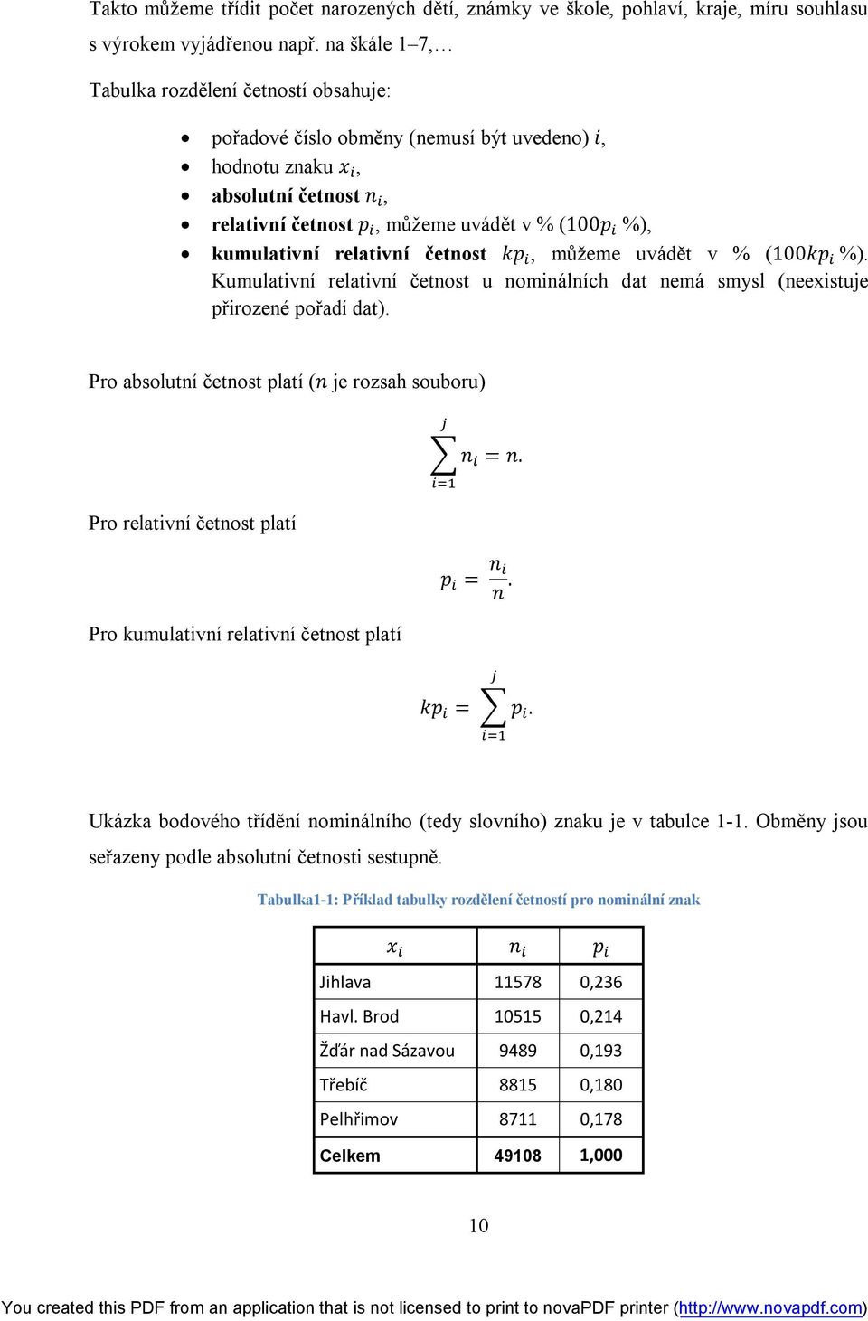 relativní četnost kp, můžeme uvádět v % (100kp %). Kumulativní relativní četnost u nominálních dat nemá smysl (neexistuje přirozené pořadí dat).