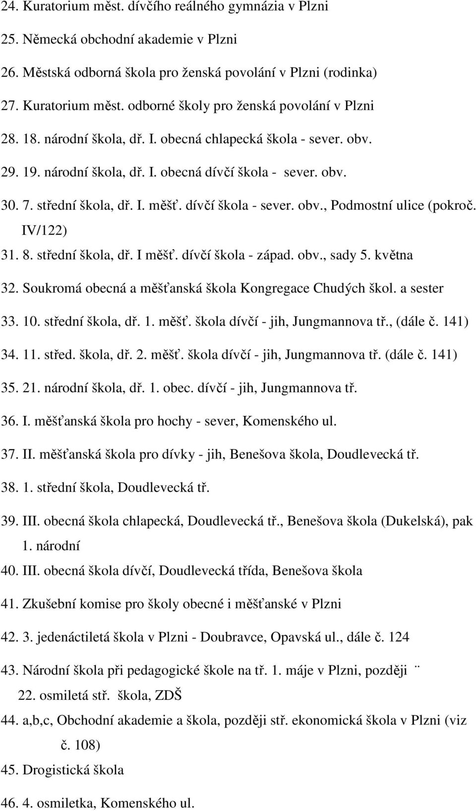 IV/122) 31. 8. střední škola, dř. I měšť. dívčí škola - západ. obv., sady 5. května 32. Soukromá obecná a měšťanská škola Kongregace Chudých škol. a sester 33. 10. střední škola, dř. 1. měšť. škola dívčí - jih, Jungmannova tř.