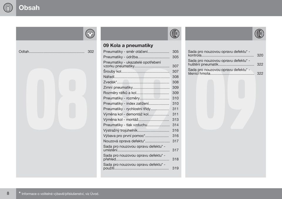 .. 311 Výměna kol - montáž... 313 Pneumatiky - tlak vzduchu... 314 Výstražný trojúhelník... 316 Výbava pro první pomoc*... 316 Nouzová oprava defektu*.