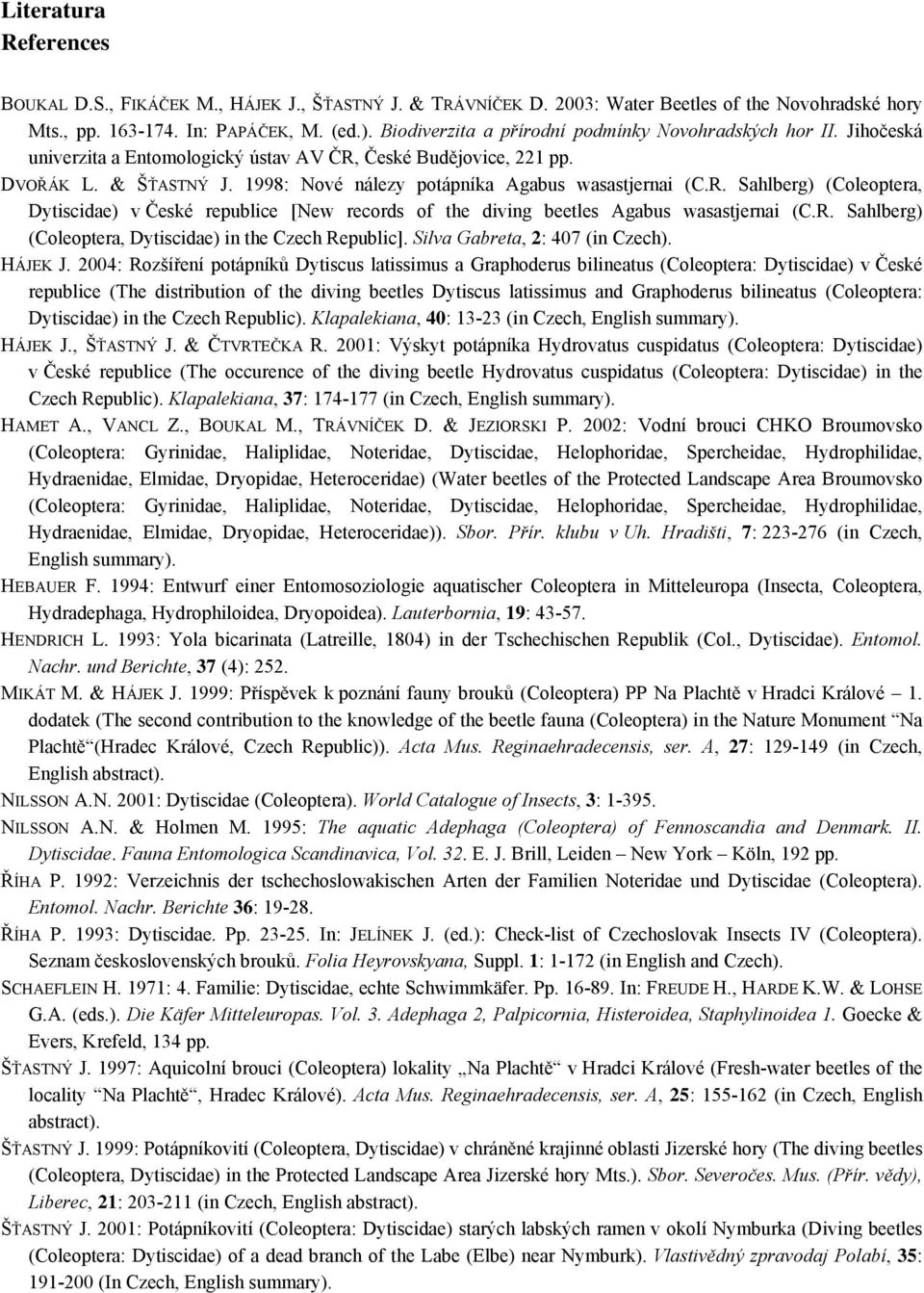 1998: Nové nálezy potápníka Agabus wasastjernai (C.R. Sahlberg) (Coleoptera, Dytiscidae) v České republice [New records of the diving beetles Agabus wasastjernai (C.R. Sahlberg) (Coleoptera, Dytiscidae) in the Czech Republic].