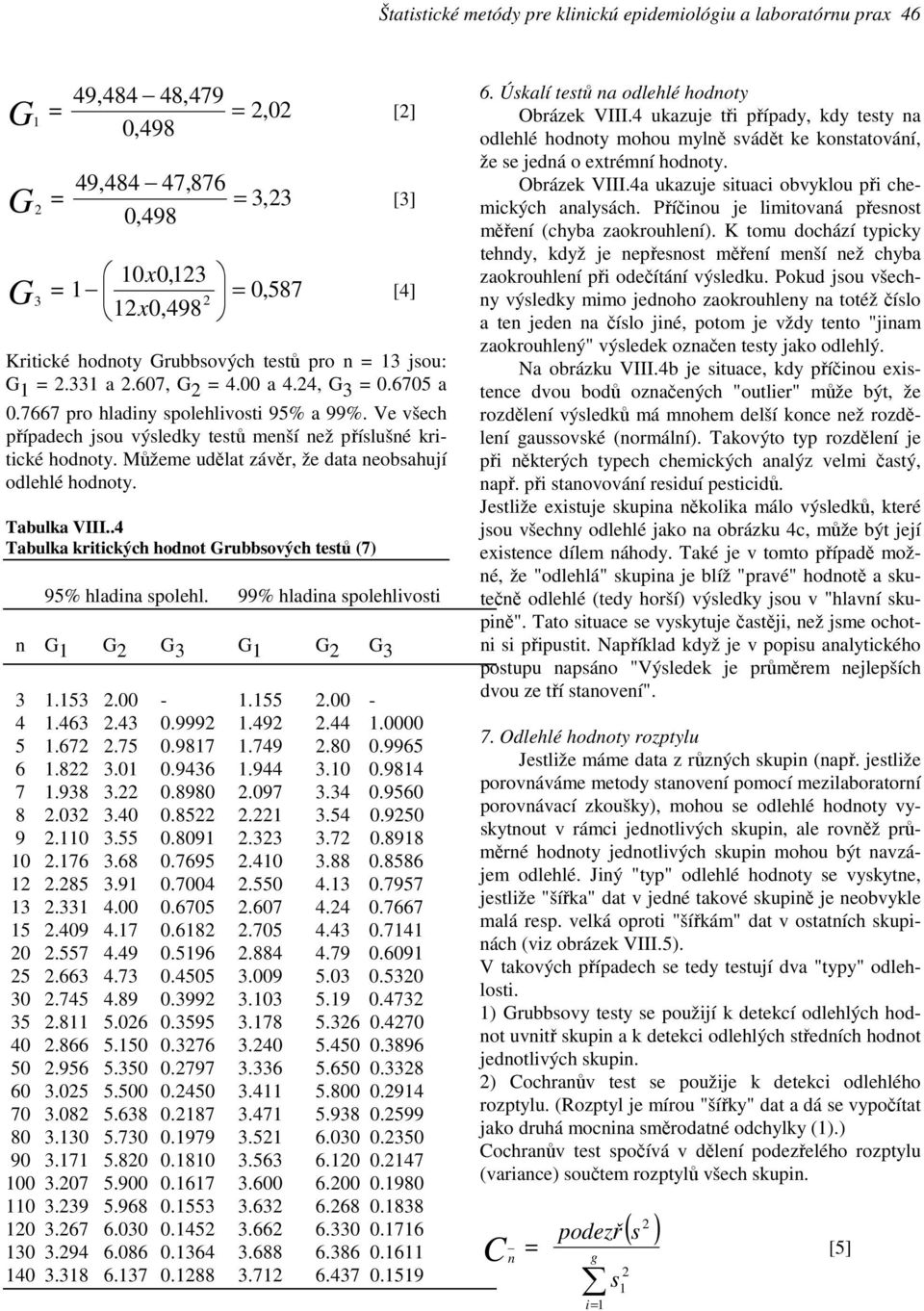 Ve všech případech jsou výsledky testů menší než příslušné kritické hodnoty. Můžeme udělat závěr, že data neobsahují odlehlé hodnoty. Tabulka VIII.