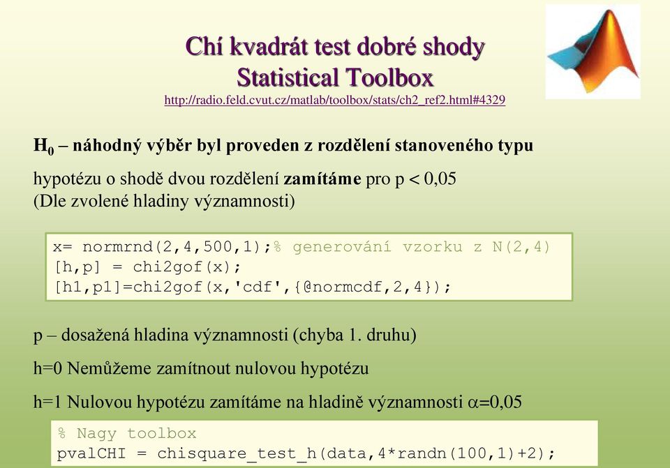 hladiny významnosti) x= normrnd(,4,500,);% generování vzorku z N(,4) [h,p] = chigof(x); [h,p]=chigof(x,'cdf',{@normcdf,,4}); p dosažená