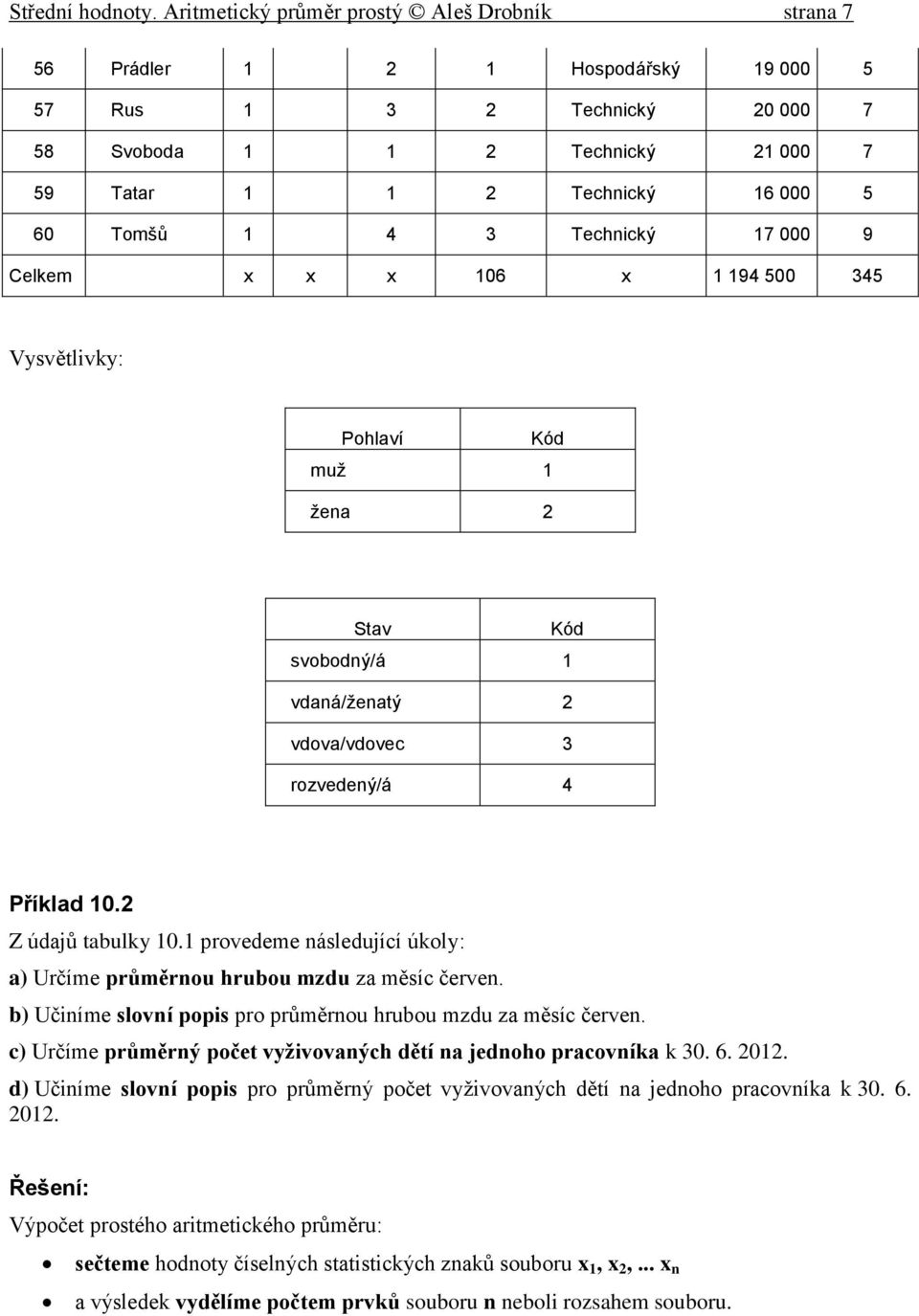 500 45 Vysvětlvky: Pohlaví Kód muž žea 2 Stav Kód svobodý/á vdaá/žeatý 2 vdova/vdovec rozvedeý/á 4 Příklad 0.2 Z údajů tabulky 0.