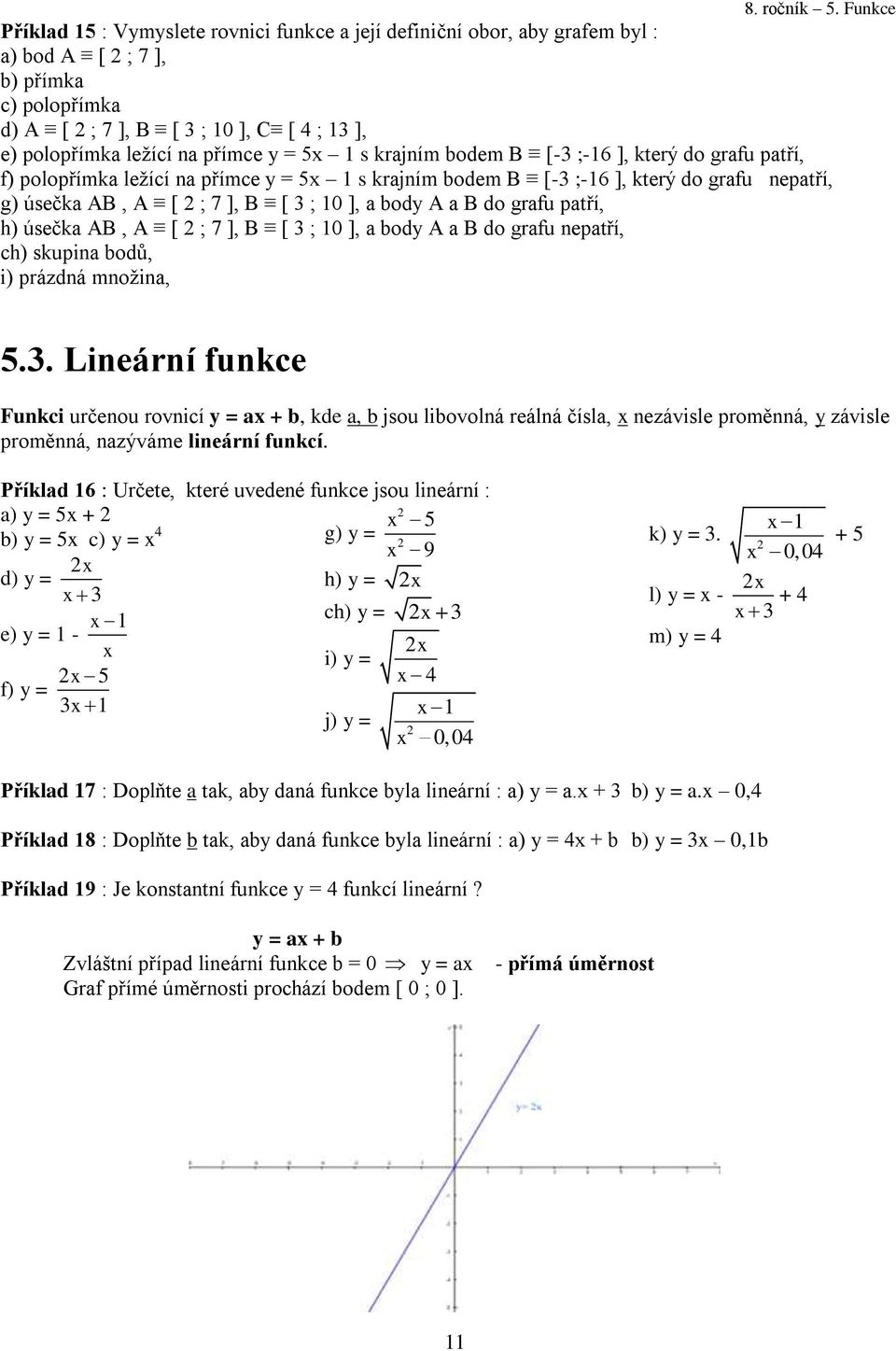 patří, h) úsečka AB, A [ ; 7 ], B [ 3 ; 0 ], a body A a B do grafu nepatří, ch) skupina bodů, i) prázdná množina, 5.3. Lineární funkce Funkci určenou rovnicí y = ax + b, kde a, b jsou libovolná reálná čísla, x nezávisle proměnná, y závisle proměnná, nazýváme lineární funkcí.