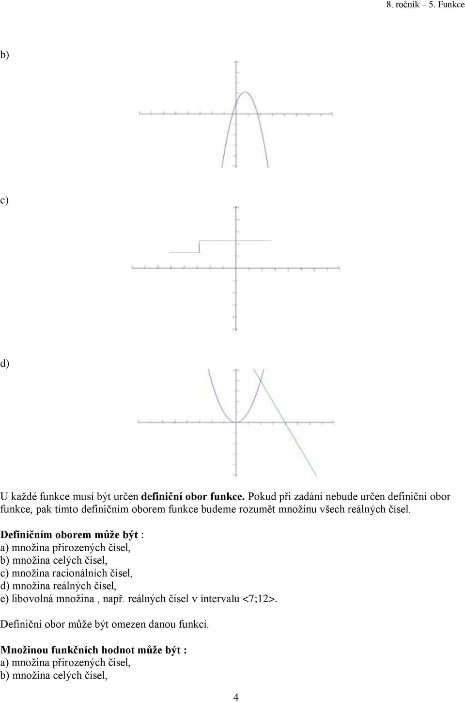 Definičním oborem může být : a) množina přirozených čísel, b) množina celých čísel, c) množina racionálních čísel, d) množina