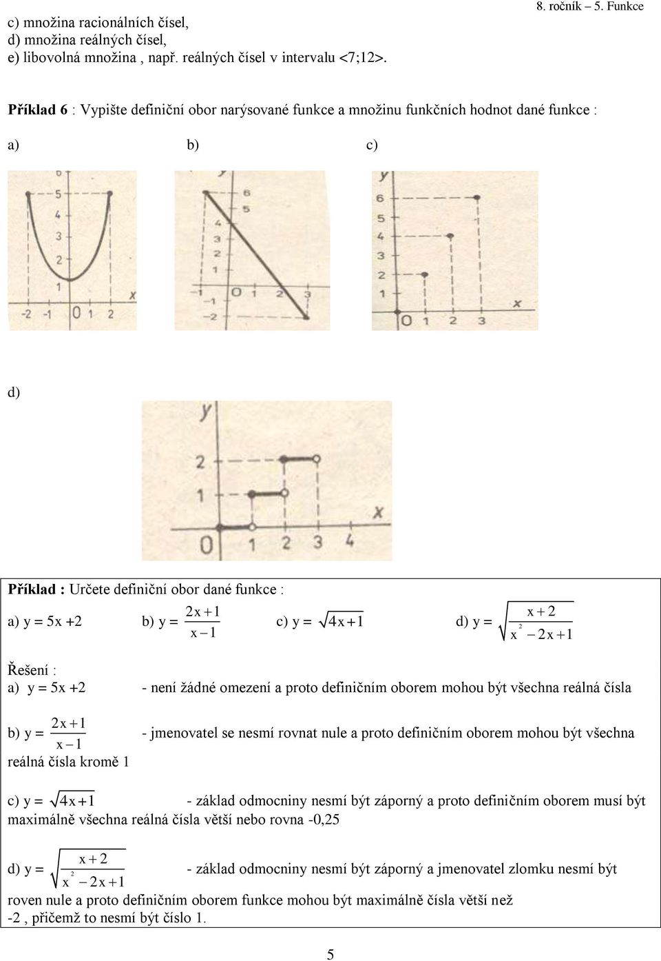 x x x Řešení : a) y = 5x + - není žádné omezení a proto definičním oborem mohou být všechna reálná čísla b) y = x x reálná čísla kromě - jmenovatel se nesmí rovnat nule a proto definičním oborem