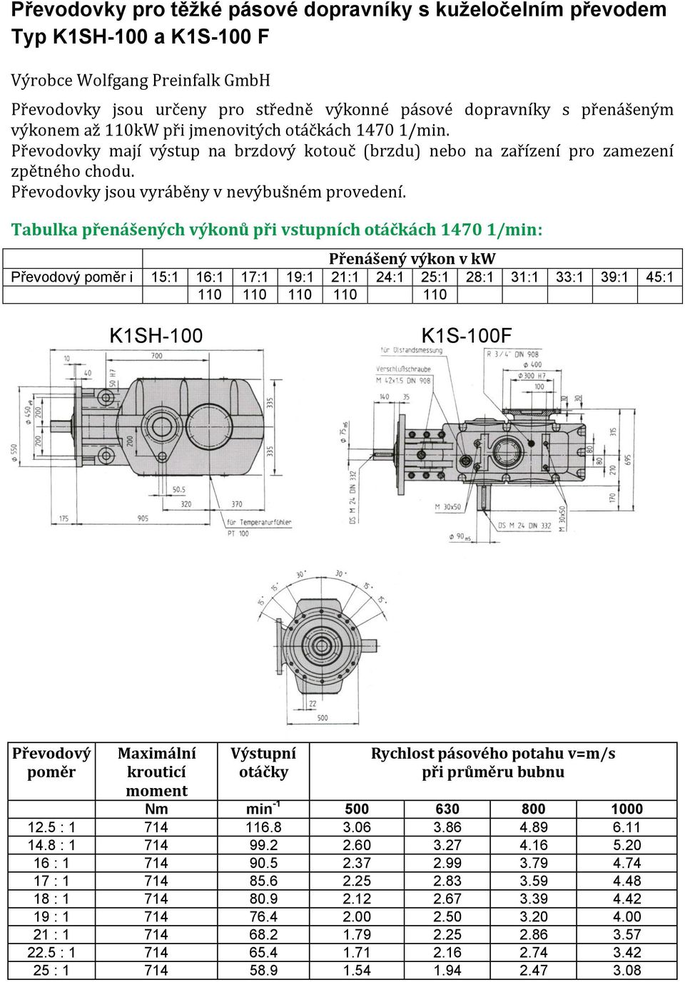 Přenášený výkon v kw i 15:1 16:1 17:1 19:1 21:1 24:1 25:1 28:1 31:1 33:1 39:1 45:1 110 110 110 110 110 K1SH-100 K1S-100F Maximální krouticí moment Rychlost pásového potahu v=m/s při průměru bubnu Nm