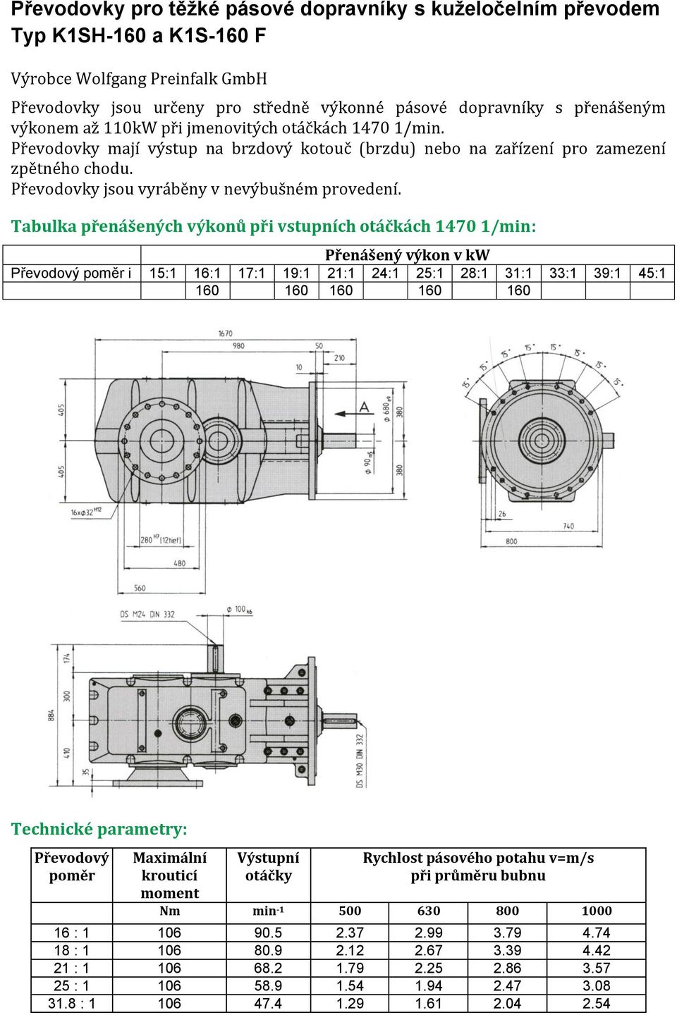 Přenášený výkon v kw i 15:1 16:1 17:1 19:1 21:1 24:1 25:1 28:1 31:1 33:1 39:1 45:1 160 160 160 160 160 Technické parametry: Maximální krouticí moment Rychlost pásového potahu v=m/s při průměru
