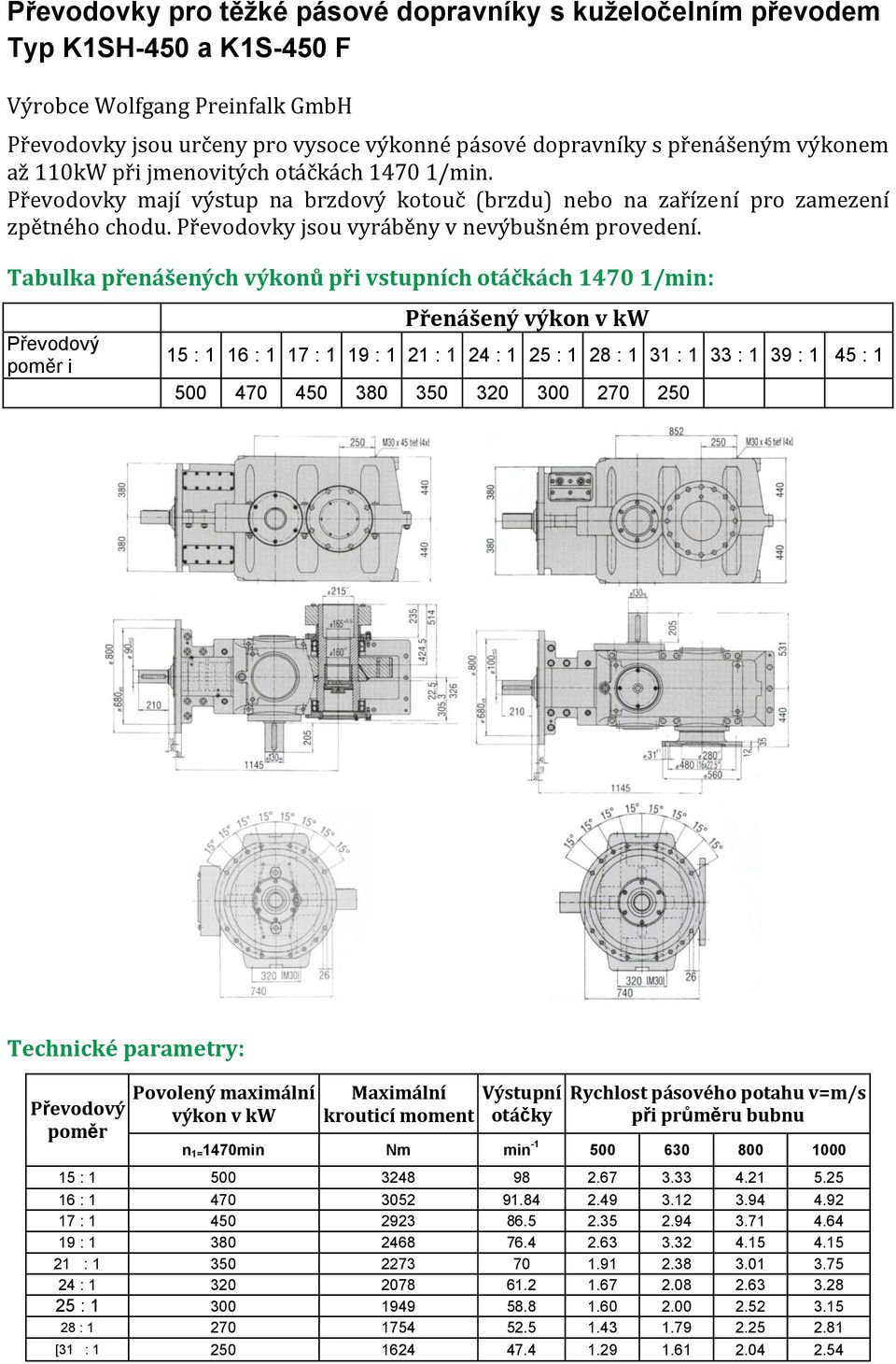 i Přenášený výkon v kw 15 : 1 16 : 1 17 : 1 19 : 1 21 : 1 24 : 1 25 : 1 28 : 1 31 : 1 33 : 1 39 : 1 45 : 1 500 470 450 380 350 320 300 270 250 Technické parametry: Povolený maximální výkon v kw