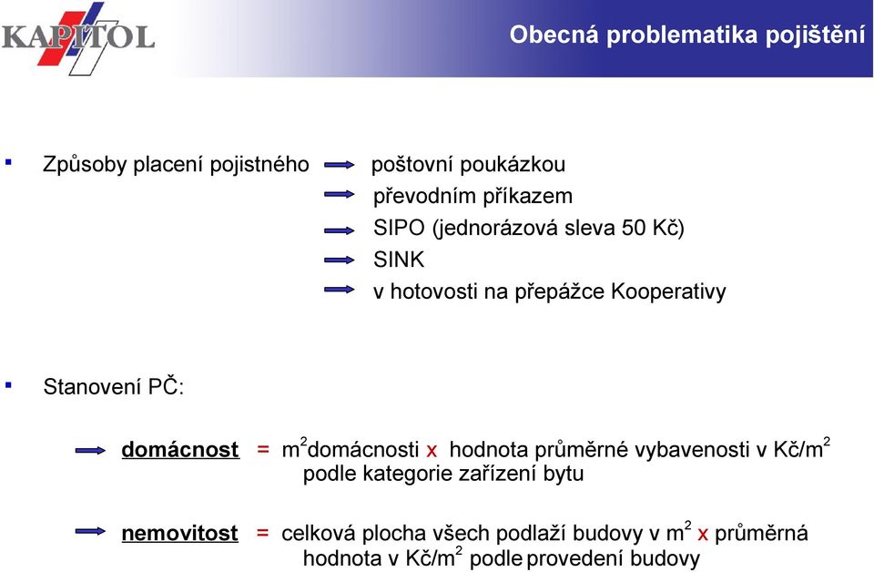 domácnost = m2domácnosti x hodnota průměrné vybavenosti v Kč/m2 podle kategorie zařízení bytu