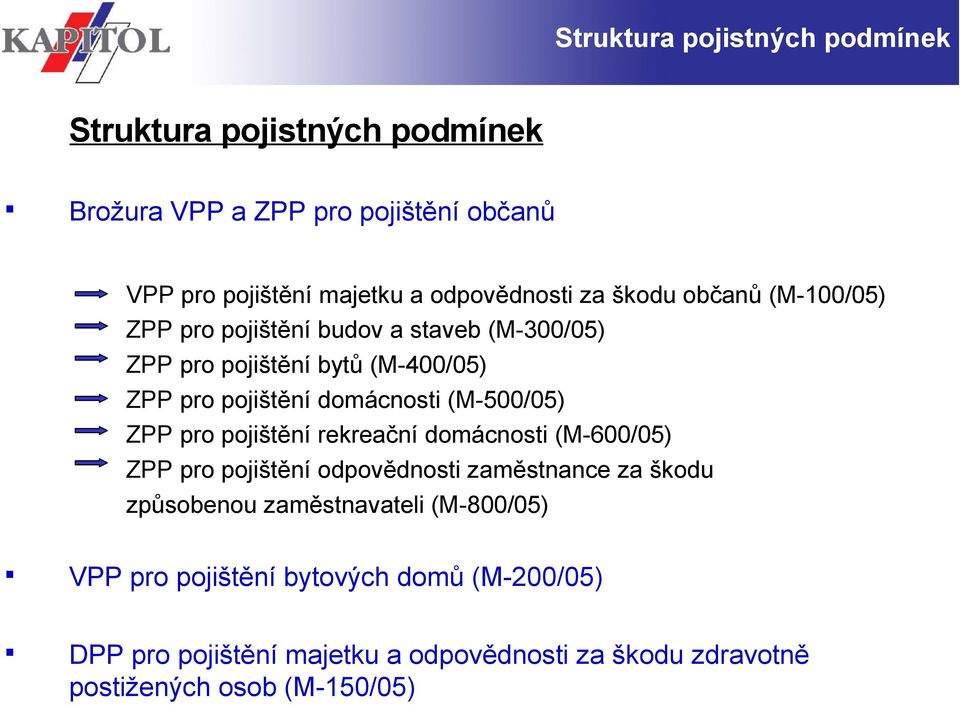 domácnosti (M-500/05) ZPP pro pojištění rekreační domácnosti (M-600/05) ZPP pro pojištění odpovědnosti zaměstnance za škodu způsobenou