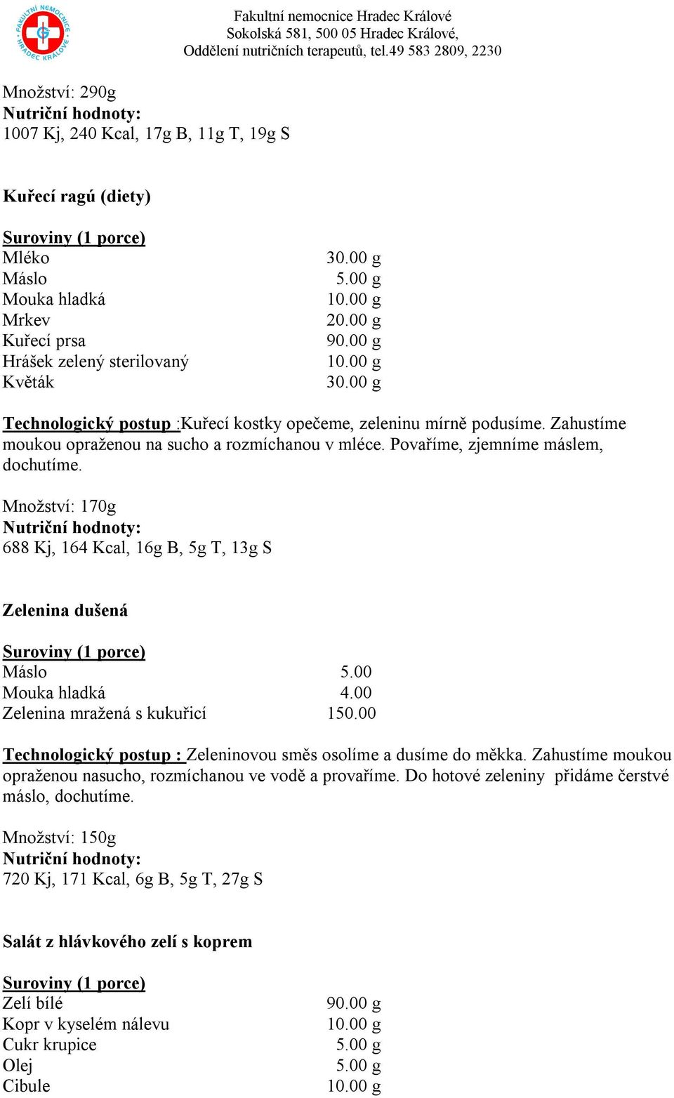 Množství: 170g 688 Kj, 164 Kcal, 16g B, 5g T, 13g S Zelenina dušená 5.00 4.00 Zelenina mražená s kukuřicí 150.00 Technologický postup : Zeleninovou směs osolíme a dusíme do měkka.