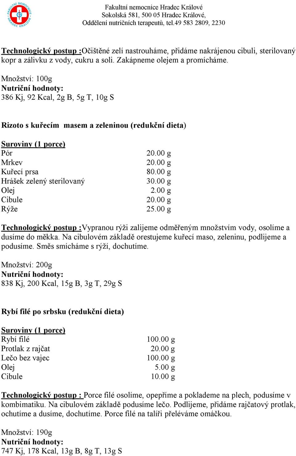 00 g 2 Technologický postup :Vypranou rýži zalijeme odměřeným množstvím vody, osolíme a dusíme do měkka. Na cibulovém základě orestujeme kuřecí maso, zeleninu, podlijeme a podusíme.