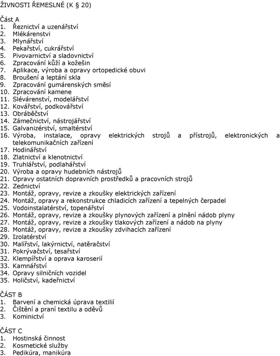 Obráběčství 14. Zámečnictví, nástrojářství 15. Galvanizérství, smaltérství 16. Výroba, instalace, opravy elektrických strojů a přístrojů, elektronických a telekomunikačních zařízení 17.