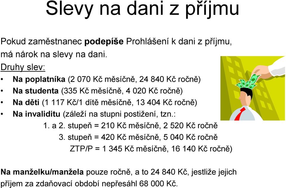 měsíčně, 13 404 Kč ročně) Na invaliditu (záleží na stupni postižení, tzn.: 1. a 2. stupeň = 210 Kč měsíčně, 2 520 Kč ročně 3.