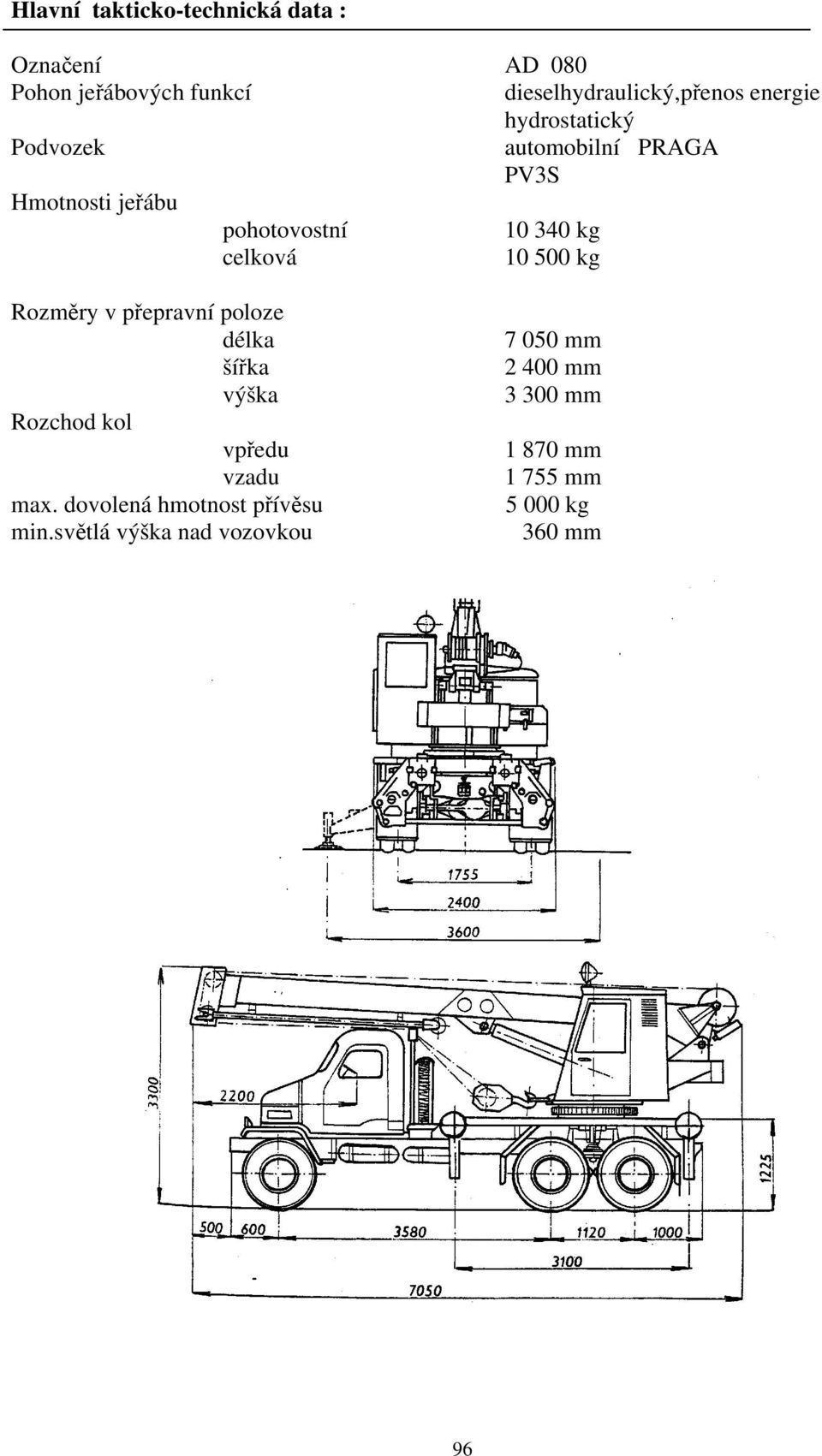 celková 10 500 kg Rozměry v přepravní poloze délka šířka výška Rozchod kol vpředu vzadu max.