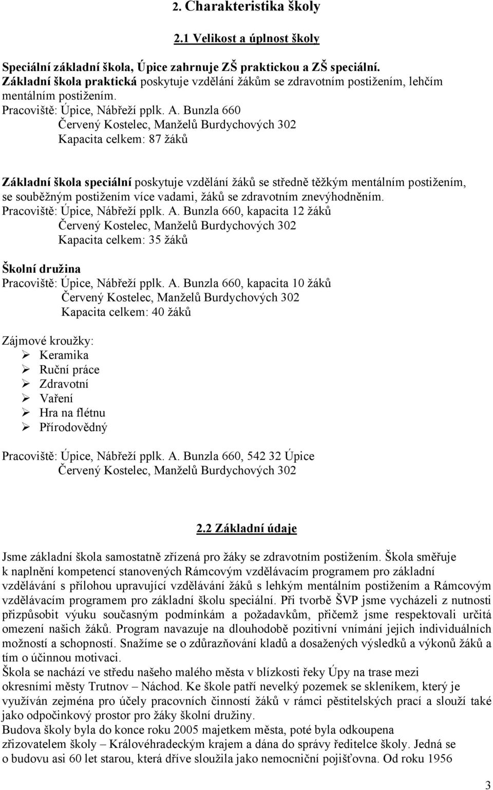 Bunzla 660 Červený Kostelec, Manželů Burdychových 302 Kapacita celkem: 87 žáků Základní škola speciální poskytuje vzdělání žáků se středně těžkým mentálním postižením, se souběžným postižením více