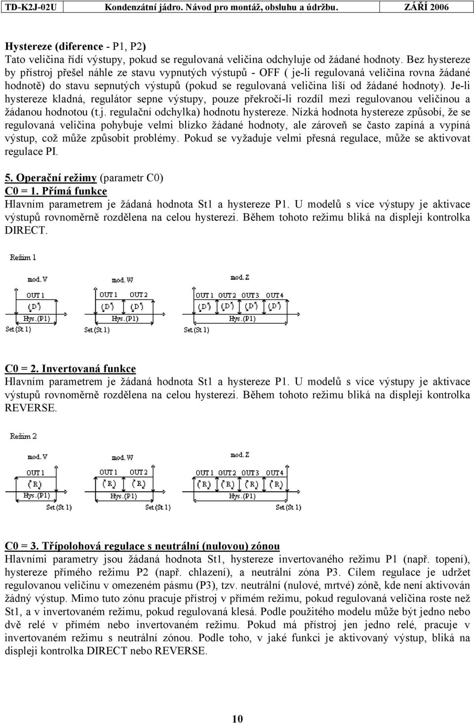 hodnoty). Je-li hystereze kladná, regulátor sepne výstupy, pouze překročí-li rozdíl mezi regulovanou veličinou a žádanou hodnotou (t.j. regulační odchylka) hodnotu hystereze.
